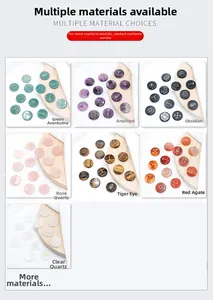 Detailed grid of polished natural crystals and semi-precious stones with gold rune engravings