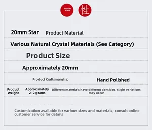 Detail chart of 20mm natural crystal pentagram beads showing size, material and weight