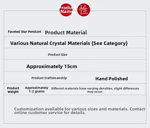 Detailed specifications for natural crystal star pendant showing 15cm size and manual polish