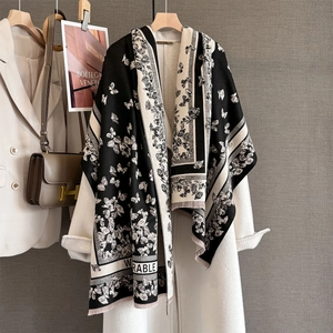 French vintage thick shawl with black and white butterfly jacquard and fringe details