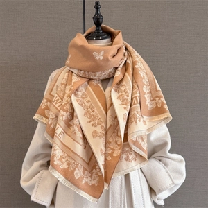 French vintage butterfly jacquard scarf in camel cashmere-blend with elegant tassels