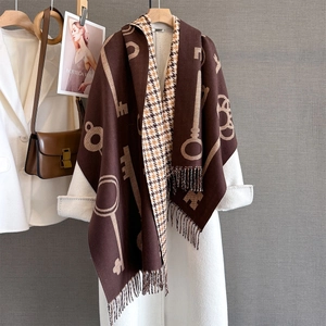 Retro key jacquard double-sided cashmere-like thick winter scarf with fringe in dark brown