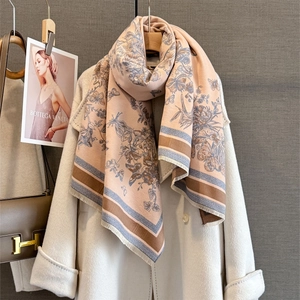 Vintage cashmere-feel butterfly floral shawl scarf with tassels styled on a beige coat