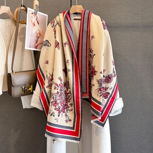 Elegant vintage butterfly jacquard shawl wrap in beige cashmere-like fabric on white coat