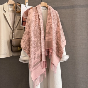 Pink cashmere-feel winter shawl with vintage floral patterns and fringe details