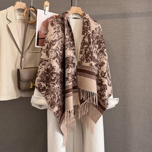 Thick warm cashmere-like shawl with vintage brown patterns and elegant fringe details