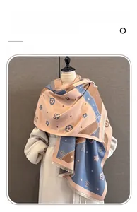 Detailed view of jacquard floral scarf in pink and blue imitation cashmere with tassels