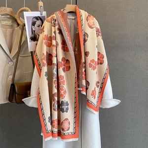 Écharpe Châle Élégante En Imitation Cachemire Imprimé Fleurs Et Nœuds Châle D'Hiver Chaud À Franges Pour Femmes