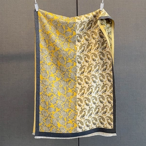 Détail d'écharpe en cachemire à motif paisley avec couleurs contrastées et franges