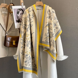 Women Imitation Cashmere Scarf Shawl Floral Bird Print Retro Winter Warm Tassel Color Block Elegant Wrap