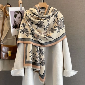 Retro faux cashmere scarf with flower bird print and contrast fringe borders
