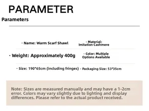 Detailed specification chart for a 190x65cm warm cashmere-like scarf weighing 400g