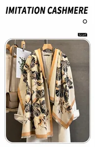 Detailed texture of thick imitation cashmere scarf featuring vintage floral patterns and fringe