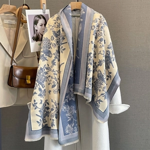 Floral bird print cashmere feel pashmina shawl with tassel trim in beige and grey-blue