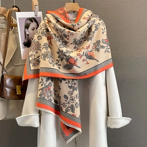 Faux cashmere shawl with vintage bird and floral print in beige and orange accents