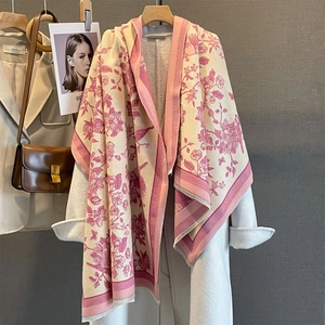 Floral bird print faux cashmere pashmina shawl scarf in cream and pink tones