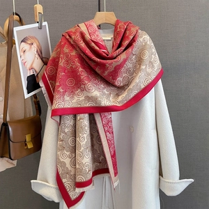 Retro paisley floral shawl in red and beige contrast with delicate fringe detail