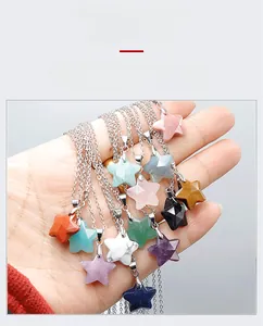 Detailed view of handmade star-shaped natural stone crystal necklaces in various colors