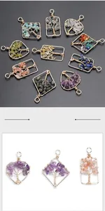 Detailed handmade Tree of Life pendants with natural stone chips in geometric frames