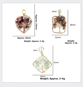 Detail view of handmade copper wire tree of life pendants in heart and geometric shapes