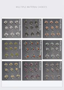 Detailed macro view of handmade copper wire wrapped crystal tree of life pendants in various shapes
