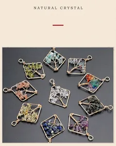 Detailed grid of handmade square copper pendants with tree of life and natural crystals