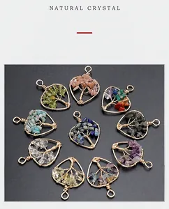 Macro detail of handmade wire-wrapped leaf pendants with various natural crystals