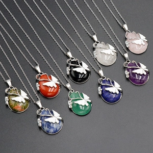 Teardrop gemstone necklaces with silver butterfly accents in amethyst and rose quartz