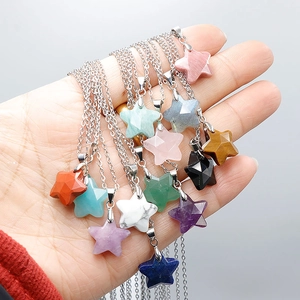 Star-shaped natural stone necklaces with amethyst and tiger eye crystals on silver chains