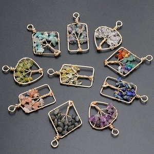 Handmade Copper Wire Wrapped Tree Of Life Pendant Natural Stone Crystal Heart Rhombus Rectangle DIY Jewelry Accessory Pendant Only