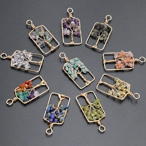 Handmade copper wire tree of life rectangular pendants with various natural stone chips