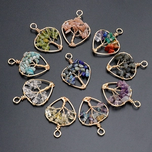 Set of 10 handmade heart-shaped wire wrapped tree of life natural crystal stone pendants