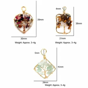 Handmade copper wire tree of life pendants in heart, rectangle and diamond stone shapes