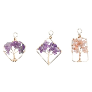 Handmade tree of life natural crystal pendants in heart and geometric wire wrapped copper