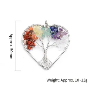 Handmade heart-shaped Tree of Life pendant with multicolored natural gemstones, 50mm size