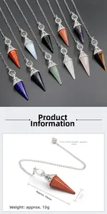 Detailed view of hexagonal crystal pendulum with silver filigree cap and size specifications