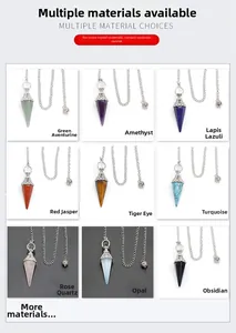 Detailed collection of nine hexagonal crystal pendulum pendants in various natural stones