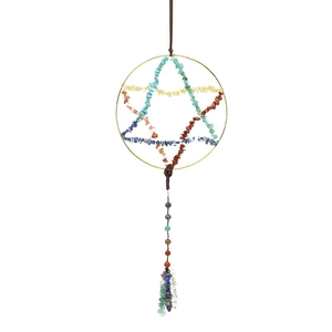Handmade chakra star hanging ornament with natural colorful stones and gold wire frame