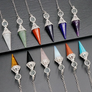 Set of 12 natural crystal hexagonal pendulum pendants with vintage silver flower caps