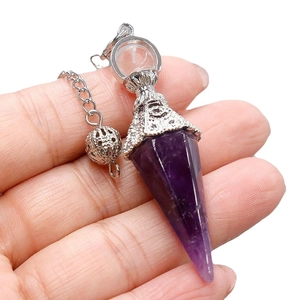 Vintage amethyst crystal pendulum pendant with ornate silver metal cap and chain