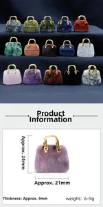 Detailed size view of mini natural crystal handbag charms with gold metal handles