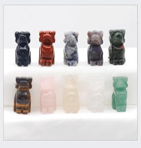 Detailed set of 10 natural crystal stone carvings of puppies in various semi-precious gems