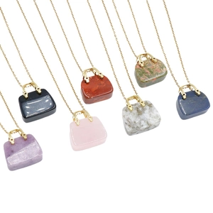 Mini gemstone handbag necklace set featuring 7 colorful natural stone pendants and gold chains