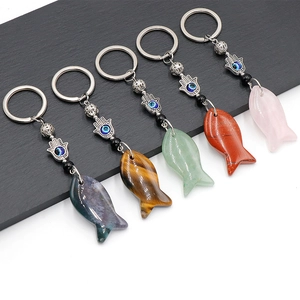 Natural Crystal Stone Fish Keychain With Hamsa Hand Evil Eye Hanging Ornament Turkish Amulet For Bag Decoration Unisex Gift