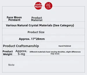 Specifications table for natural crystal crescent moon face pendant with 17x28mm dimensions