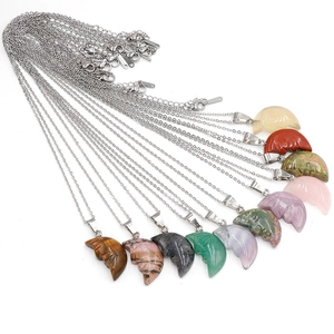 Moon Face Carved Natural Crystal Stone Pendant Necklace Crescent Alloy Chain Healing Reiki Jewelry For Women