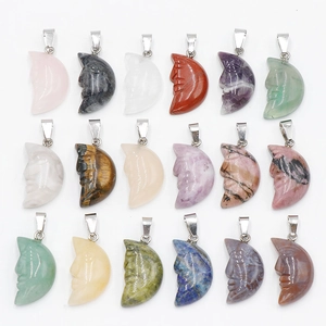 Set of 18 natural crystal moon face pendants in various gemstones with silver bails