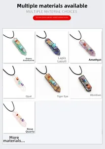 Detailed grid of wire wrapped natural stone pendants with amethyst and rose quartz