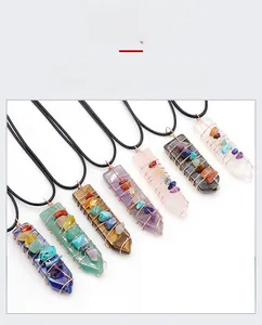 Handcrafted 7 chakra wire wrapped arrow pendant necklace with natural raw crystal points