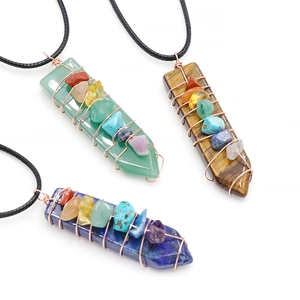 Natural Crystal Gemstone Hexagonal Point Pendant Necklace Wire Wrapped Seven Chakra Healing Stones Retro Spiritual Reiki